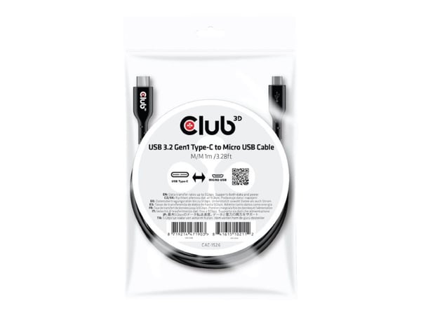 Club 3D - USB-kaapeli - USB-C (uros) - Micro-USB Type B (uros) - USB 3.2 Gen 1 - 3 A - 1 m - kaksisuuntainen