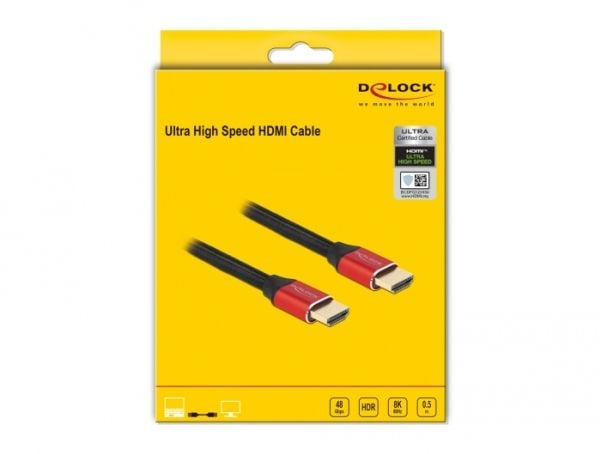 Delock - Ultra High Speed - HDMI-kabel - HDMI hann til HDMI hann - 50 cm - trippel beskyttelse - rød - gullglimtkontakter, 8 K 60 Hz (7680 x 4320) ...