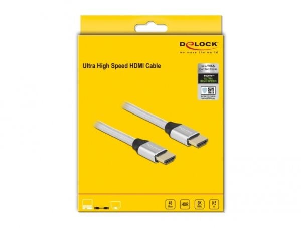 Delock - Ultra High Speed - HDMI-kabel - HDMI hann til HDMI hann - 50 cm - trippel beskyttelse - sølv - gullglimtkontakter, 8 K 60 Hz (7680 x 4320)...