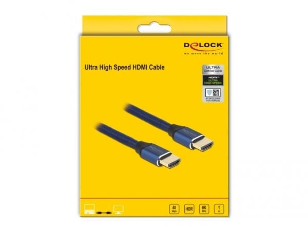 Delock - Ultra High Speed - HDMI-kabel - HDMI hann til HDMI hann - 1 m - trippel beskyttelse - blå - gullglimtkontakter, 8 K 60 Hz (7680 x 4320) st...