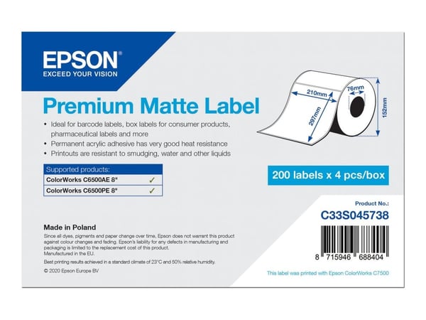 Epson Premium - Glatt matt - permanent akryl-adhesiv - sterkt hvitt - A4 (210 x 297 mm) 800 etikett(er) (4 rull(er) x 200) stanseskårne etiketter -...