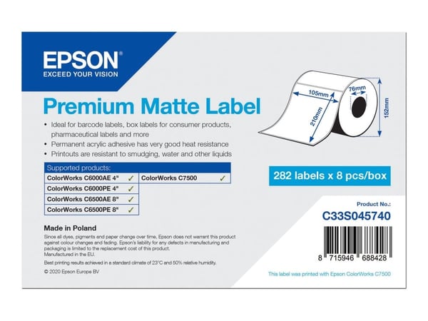 Epson Premium Matte Label - Die-Cut Roll: 105mm x 210mm, 282 labels, Itse kiinnittyvä tulostintarra, Stanssausmerkintä, Mustesuihku, Akryyli, Kiint...