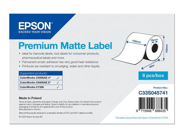 Epson Premium Matte Label - Continuous Roll: 102mm x 60m, Itse kiinnittyvä tulostintarra, Merkintänauha, Mustesuihku, Akryyli, Kiinteä, Matta