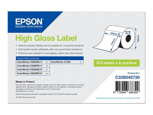 Epson High Gloss Label - Die-Cut: 105mm x 210mm, 273 labels, Valkoinen, Itse kiinnittyvä tulostintarra, Stanssausmerkintä, Mustesuihku, Akryyli, Ki...