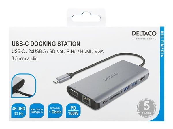 DELTACO USBC-HDMI18 - Dokkingstasjon - USB-C - HDMI, VGA - 1GbE