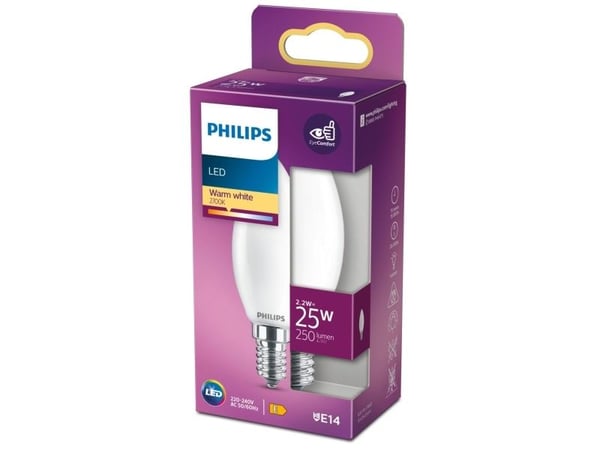 Philips LED Classic - LED-lyspære - form: B35 - E14 - 2.2 W (ekvivalent 25 W) - klasse E - varmt hvitt lys - 2700 K