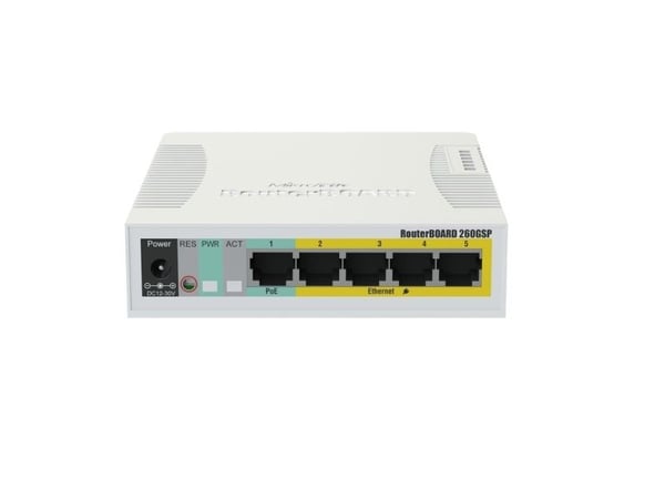MikroTik RouterBOARD RB260GSP - Switch - Administrerad - 1 x 10/100/1000 (PoE) + 4 x 10/100/1000 (PoE-genomströmning) + 1 x SFP - skrivbordsmodell ...