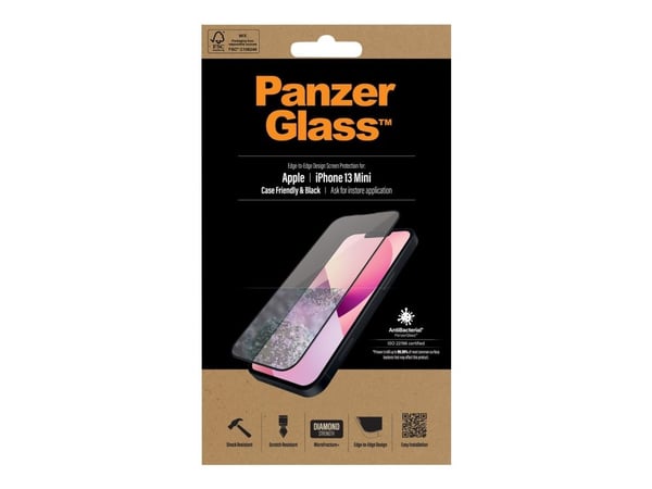 PanzerGlass™ | Case-Friendly - Skærmbeskytter for mobiltelefon - Edge-to-Edge passform - rammefarve sort | Apple iPhone 13 mini