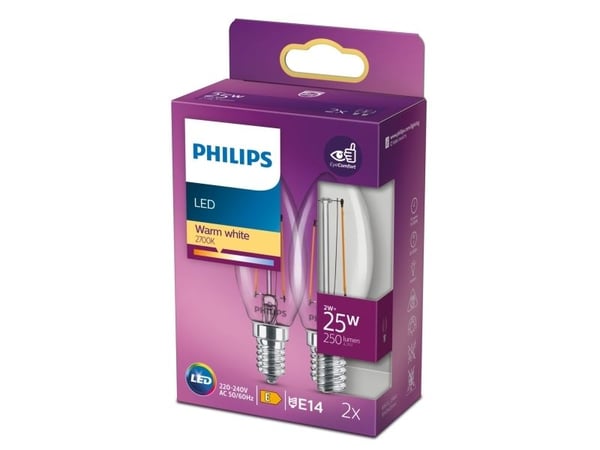 Philips - LED-filamentlyspære - form: B35 - klar finish - E14 - 2 W (ekvivalent 25 W) - klasse E - varmt hvitt lys - 2700 K - gjennomsiktig (en pak...