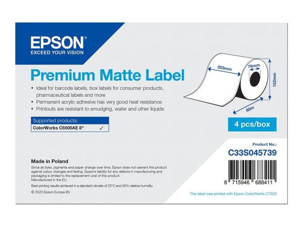 Epson Premium Matte Label - Continuous Roll: 203mm x 60m, Valkoinen, Merkintänauha, Mustesuihku, Akryyli, Kiinteä, Matta