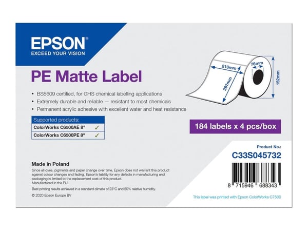 Epson PE - Matt - 210 x 297.4 mm 736 etikett(er) (4 rull(er) x 184) stanseskårne etiketter - for ColorWorks CW-C6500Ae, CW-C6500Pe