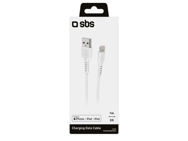 SBS TECABLEUSBIP589W, 1 m, Lightning, USB A, Hankjønn, Hankjønn, Hvit