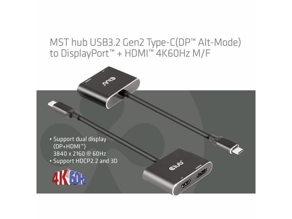 Club 3D - Video adapter - USB-C (hann) til HDMI, DisplayPort (hunn) - USB 3.2 Gen 2 / DisplayPort 1.4 - 20 cm - støtte for 4K 60 Hz (3840 x 2160)