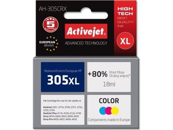 Activejet AH-305CRX, Høyt (XL) utbytte, Cyan, Fiolblå, Gult, Fargestoffbasert blekk, 18 ml, 1 stykker, Enkeltpakke