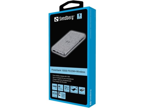 Sandberg - Trådløs nødlader - Li-pol - 10000 mAh - 37 Wh - 3 A - PD, QC 3.0 - 2 utgangskontakter (USB-C, USB) - på kabel: Micro-USB