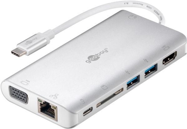 Goobay 49850, USB Type-C, 3.5mm, HDMI, RJ-45, USB 3.2 Gen 1 (3.1 Gen 1) Type-A, USB Type-C, VGA, SD, 5000 Mbit/s, 30 Hz, Sølv