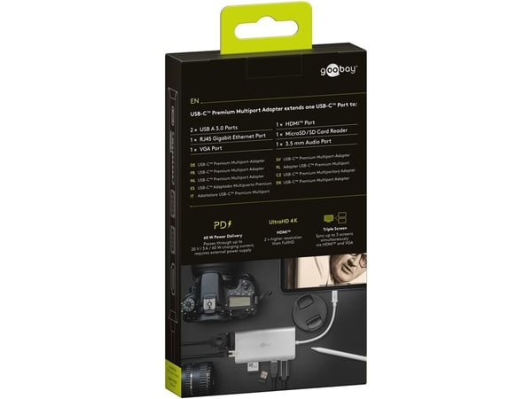 Goobay 49850, USB Type-C, 3.5mm, HDMI, RJ-45, USB 3.2 Gen 1 (3.1 Gen 1) Type-A, USB Type-C, VGA, SD, 5000 Mbit/s, 30 Hz, Sølv