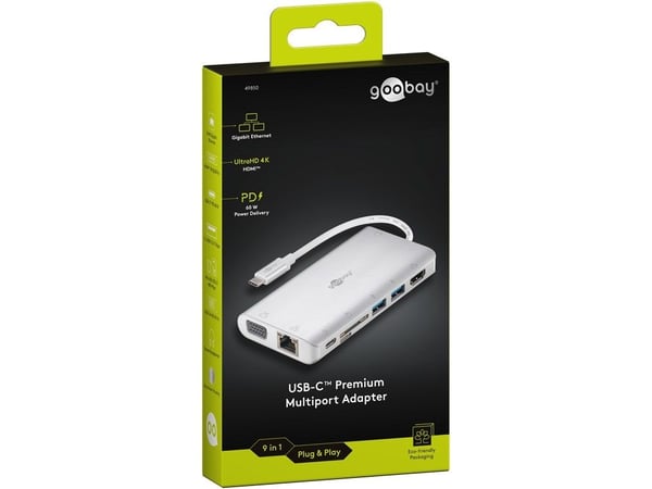 Goobay 49850, USB Type-C, 3.5mm, HDMI, RJ-45, USB 3.2 Gen 1 (3.1 Gen 1) Type-A, USB Type-C, VGA, SD, 5000 Mbit/s, 30 Hz, Sølv