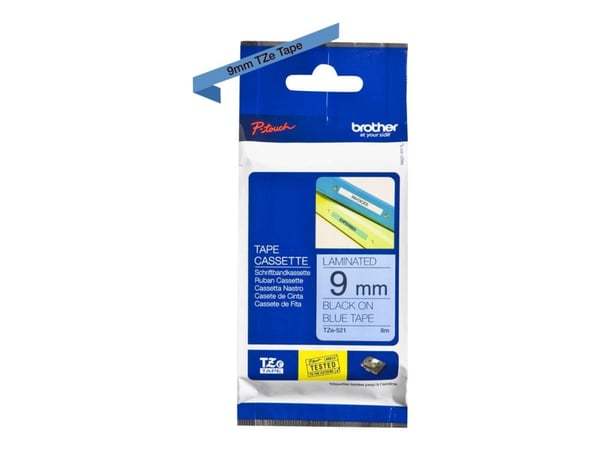Brother TZe-521 - Sort på blått - Rull (0,9 cm x 8 m) 1 kassett(er) laminert teip - for Brother PT-D210, D600, H110, H200; P-Touch PT-1005, D450, H...