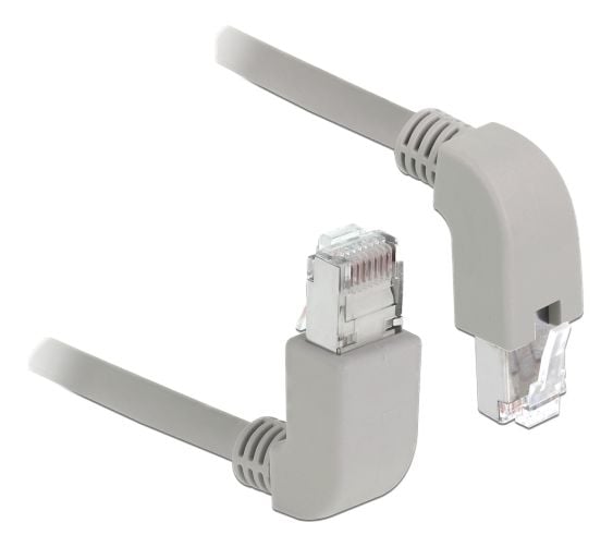 Delock - Patchkabel - RJ-45 (han) op-vinklet til RJ-45 (han) nedvinklet - 2 m - S/FTP - CAT 6a - booted, halogenfri - grå