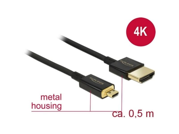 DeLock Slim Premium - Video-/lyd-/nettverkskabel - HDMI - 36 AWG - HDMI, 19-pinners (M) - til - 19-pinners Micro-HDMI (M) - 50 cm - Trippel isolasj...