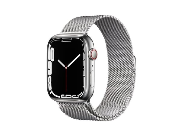 Apple Watch Series 7 (GPS + Cellular) - 45 mm - sølv rustfritt stål - smartklokke med fint strikket løkke - rustfritt stål - sølv - håndleddstørrel...