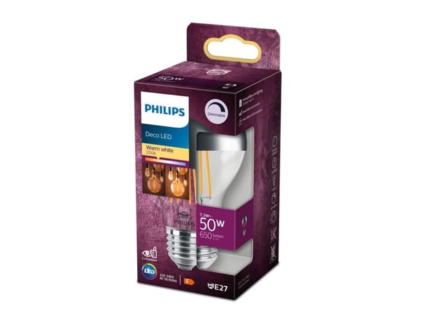 Philips Deco - LED-filamentlyspære - form: A60 - E27 - 7.2 W (ekvivalent 50 W) - klasse A+ - varmt hvitt lys - 2700 K - kronespeil