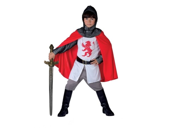 Ciao Knight Deluxe-kostyme (tunika, bukser, kappe, hodeplagg, belte og støveltrekk) – 8–10 år