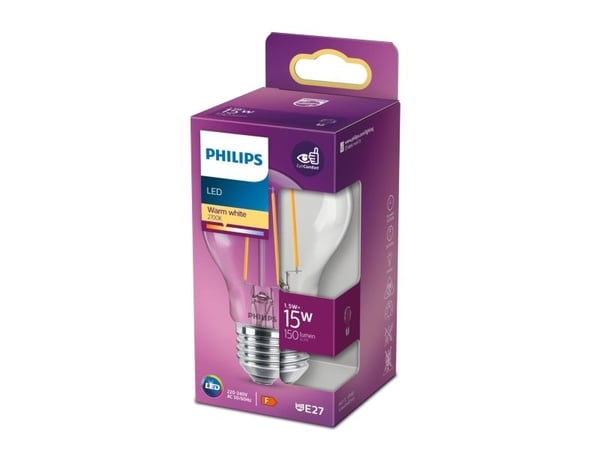 Philips - LED-filamentlyspære - form: A60 - klar finish - E27 - 1.5 W (ekvivalent 15 W) - klasse F - varmt hvitt lys - 2700 K