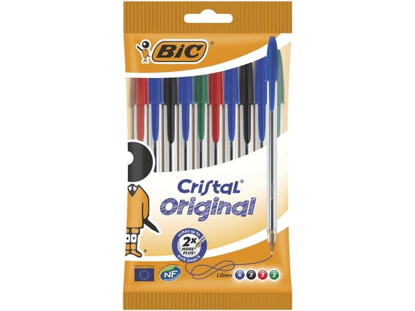 BIC Cristal Original, Klips, Uttrykkbar kulepenn med hengefeste, Gjenfyllbar, Sort, Blå, Grønn, Rød, 10 stykker, Medium