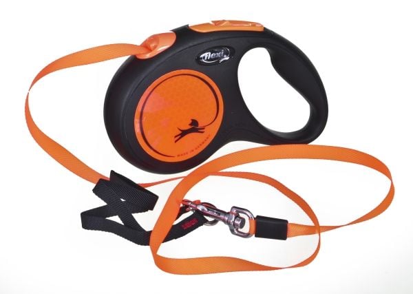 Ny Neon, automatisk hundebånd, sort/neon oransje, M, 5 m, tape