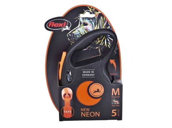 Ny Neon, automatisk hundebånd, sort/neon oransje, M, 5 m, tape