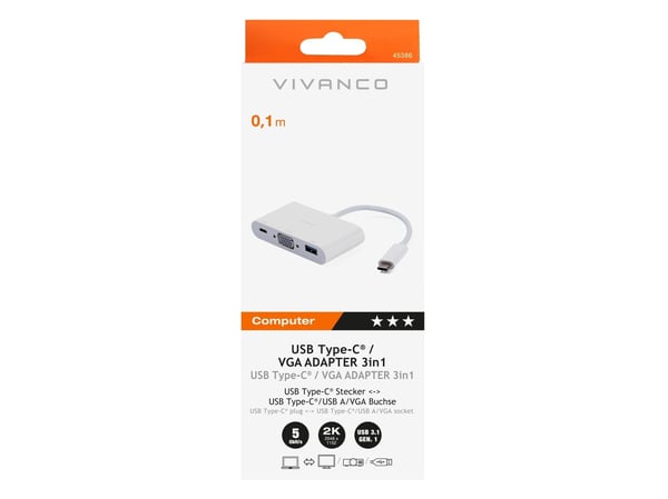 Vivanco CC UC UACVGA, Langallinen, USB 3.2 Gen 1 (3.1 Gen 1) Type-C, 60 W, Valkoinen, 5 Gbit/s, 60 Hz