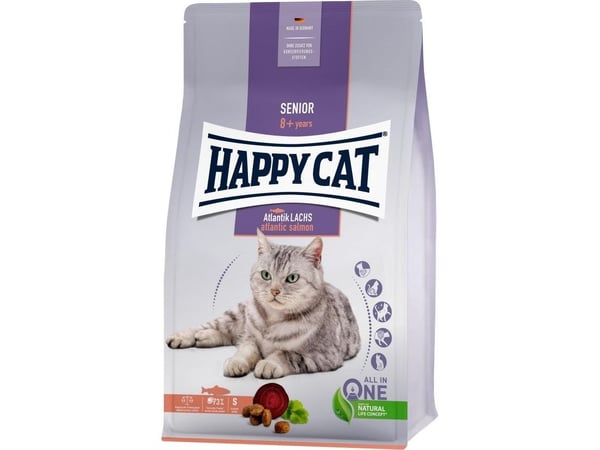 Happy Cat Senior Atlantic Salmon, tørrfôr, for katter over 8 år gammel, atlantisk laks, 4 kg, sekk