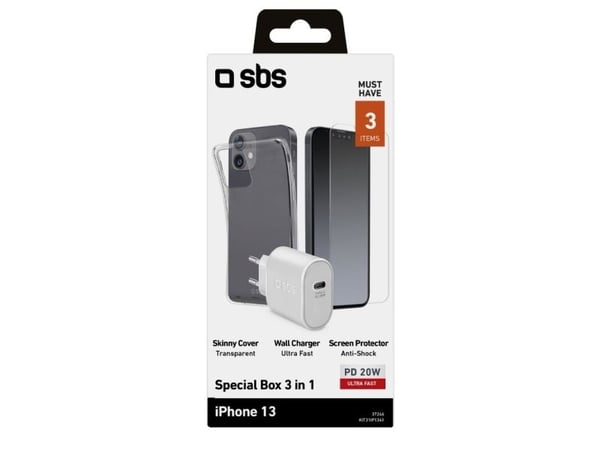 SBS oplader, cover og beskyttelsesglas-kit til iPhone 14 / 13®