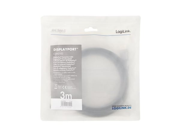 LogiLink CDA0102, 3 m, DisplayPort, DisplayPort, Hankjønn, Hankjønn, 3840 x 2400 piksler