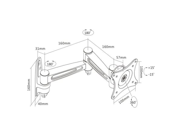 InLine 23105D, 75 x 75 mm, 100 x 100 mm, -15 - 15°, -90 - 90°, Aluminium, Svart