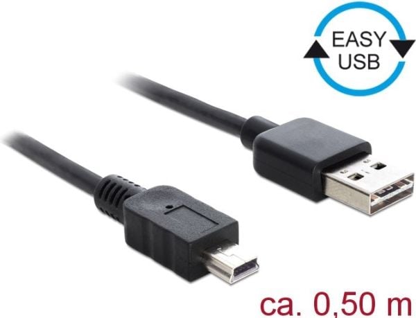 Delock Easy - USB-kabel - USB (hann) reversibel til mini-USB Type B (hann) - USB 2.0 - 50 cm - svart