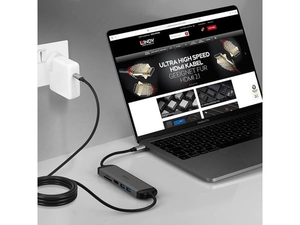 Lindy 43326, Ledningsført, USB 3.2 Gen 1 (3.1 Gen 1) Type-C, 100 W, Sort, Grå, MicroSD (TransFlash), SD, 5 Gbit/sek.