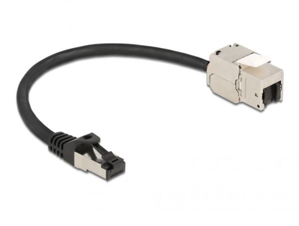 Delock - Nettverkskabel - RJ-45 (hann) til RJ-45 (hunn) nøkkelsky - 25 cm - S/FTP - CAT 6a - med støvel, uten hindringer - svart