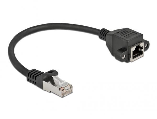 Delock - Nettverksforlengelseskabel - RJ-45 (hann) til RJ-45 (hunn) skrubar - 25 cm - S/FTP - CAT 6a - med støvel, halogenfri, uten hindringer - svart