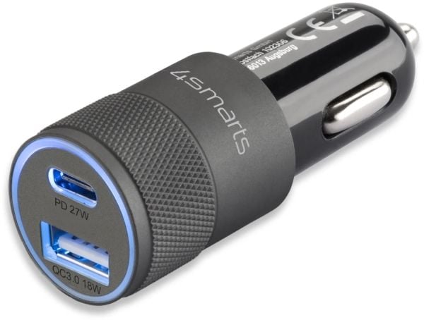 4smarts Rapid+ - Bilstrømadapter - 27 watt - 3 A - QC 3.0, PD - 2 utgangskontakter (USB, USB-C) - svart, grå