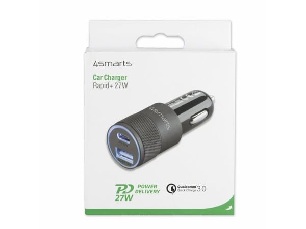 4smarts Rapid+ - Bilstrømadapter - 27 watt - 3 A - QC 3.0, PD - 2 utgangskontakter (USB, USB-C) - svart, grå