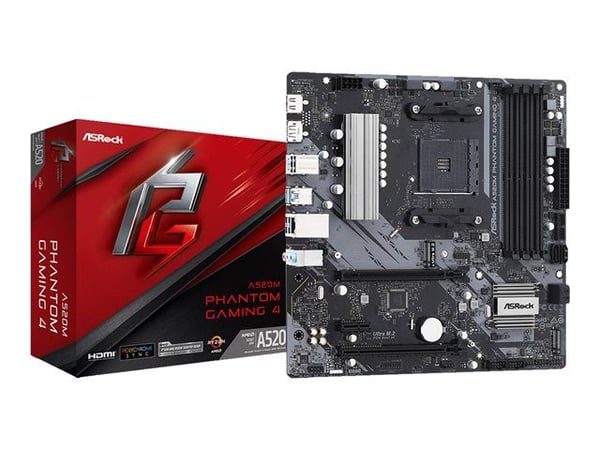 ASRock A520M Phantom Gaming 4 - Hovedkort - micro ATX - Socket AM4 - AMD A520 Chipset - USB 3.2 Gen 1 - Gigabit LAN - innbygd grafikk (CPU kreves) ...