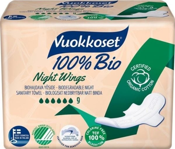 Vuokkoset 100% BIO trosskydd med vingar för natten 9 st