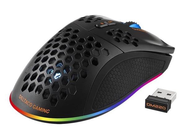 DELTACO GAMING DM220 - Mus - 7 knappar - trådlös, kabelansluten - 2.4 GHz - trådlös USB-mottagare - svart