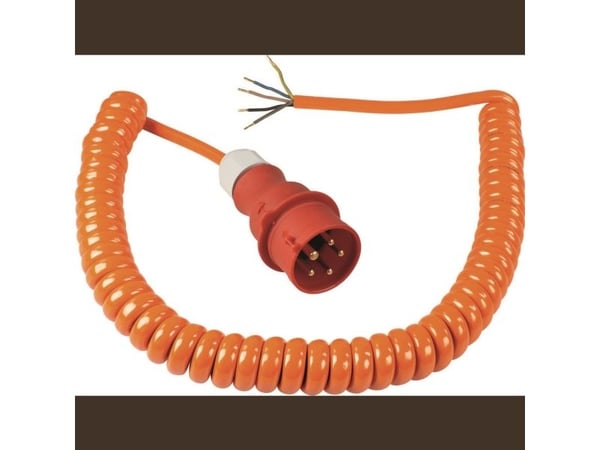 SCHWABE CEE byggeplass-spiralledning med CEE-støpsel & åpen ende (400V / 16A | IP44 | H07BQ-F 5G2,5 | 1 m - 5 m uttrekkbar kabel) i oransje (70432)