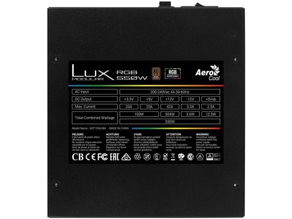 Aerocool LUX RGB 550M, 550 W, 200 - 240 V, 50 - 60 Hz, 4 A, 100 W, 504 W