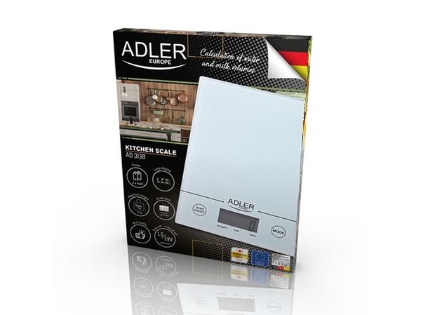 Adler AD 3138 w, Elektronisk kjøkkenvekt, 5 kg, 1 g, Hvit, fl oz, g, lb oz, ml, LCD