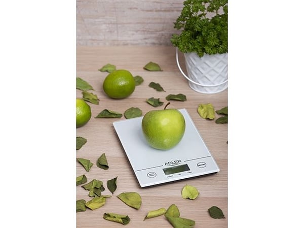 Adler AD 3138 w, Elektronisk kjøkkenvekt, 5 kg, 1 g, Hvit, fl oz, g, lb oz, ml, LCD